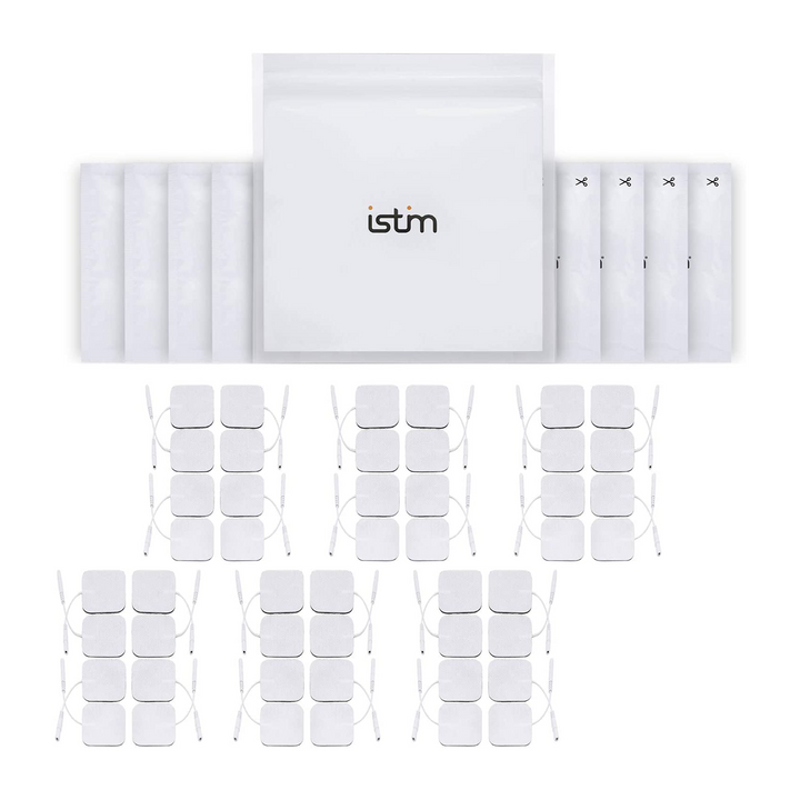 iStim Super Soft 5x5cm TENS Unit Self-Adhesive Electrodes for TENS EMS Units with 2mm Connector -Electrode Pads for Pain Treatment, Muscle Growth, Toning and Massage (5x5cm-48 Pieces-White)