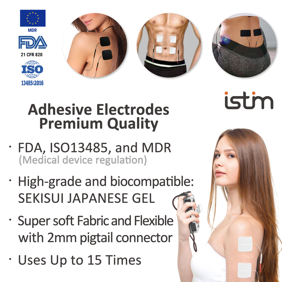 iStim Super Soft 5x10cm TENS Unit Self-Adhesive Electrodes for TENS EMS Units with 2mm Connector -Electrode Pads for Pain Treatment, Muscle Growth, Toning and Massage (5x10cm-16 Pieces-White)