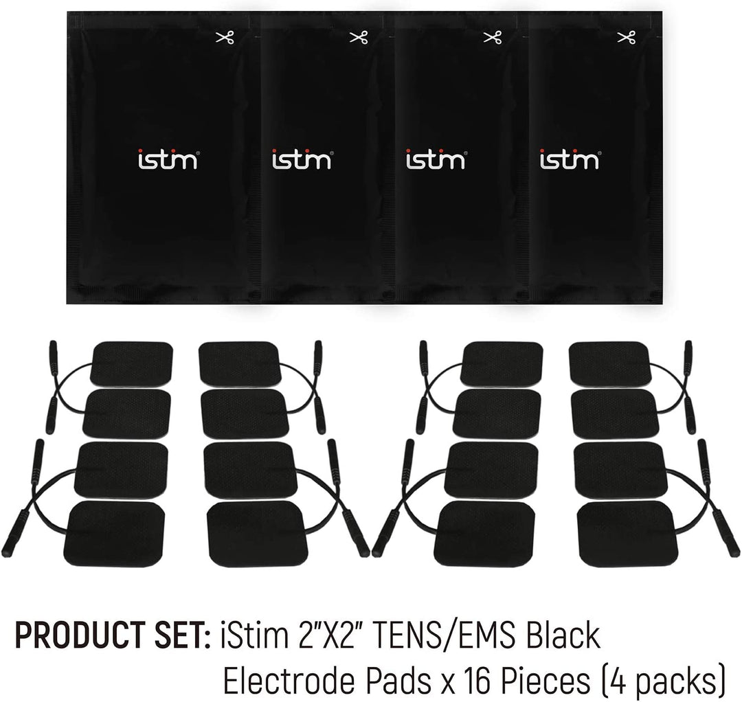 iStim Super Soft 5x5cm TENS EMS Unit Self-Adhesive Electrodes Pad for TENS EMS Units with 2mm Connector for Pain Treatment, Muscle Growth, Toning and Massage (5x5cm, 16 Pieces, Black)
