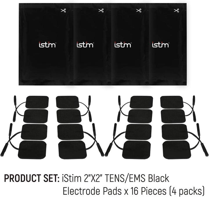 iStim Super Soft 5x5cm TENS EMS Unit Self-Adhesive Electrodes Pad for TENS EMS Units with 2mm Connector for Pain Treatment, Muscle Growth, Toning and Massage (5x5cm, 16 Pieces, Black)