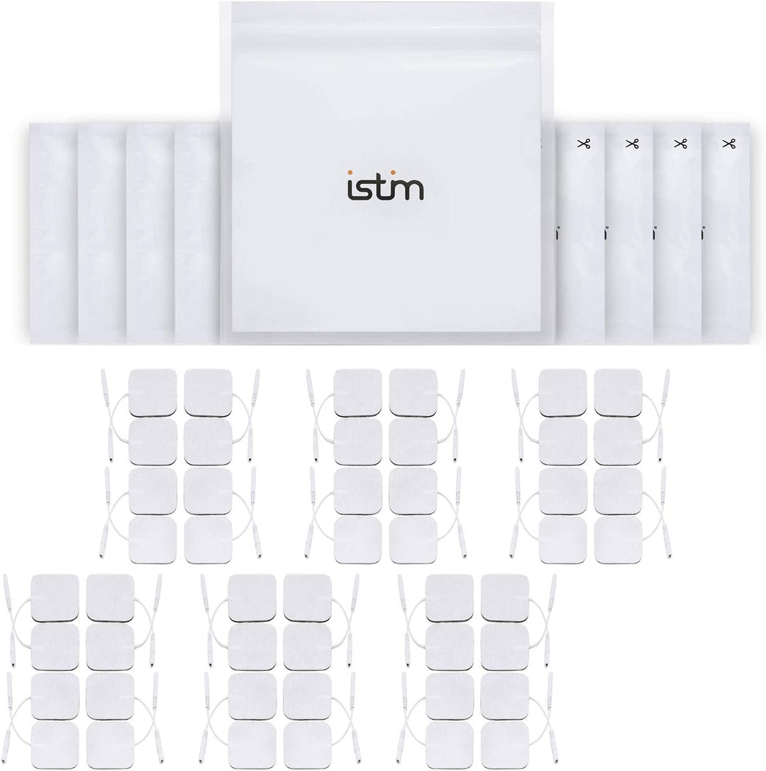 iStim Super Soft 5x5cm TENS Unit Self-Adhesive Electrodes for TENS EMS Units with 2mm Connector -Electrode Pads for Pain Treatment, Muscle Growth, Toning and Massage (5x5cm-48 Pieces-White)