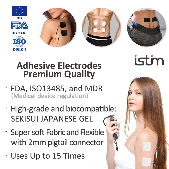 iStim Super Soft 5x5cm TENS Unit Self-Adhesive Electrodes for TENS EMS Units with 2mm Connector -Electrode Pads for Pain Treatment, Muscle Growth, Toning and Massage (5x5cm-48 Pieces-White)