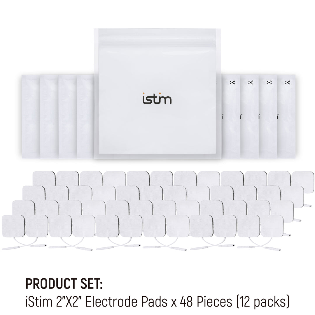 iStim Super Soft 5x5cm TENS Unit Self-Adhesive Electrodes for TENS EMS Units with 2mm Connector -Electrode Pads for Pain Treatment, Muscle Growth, Toning and Massage (5x5cm-48 Pieces-White)