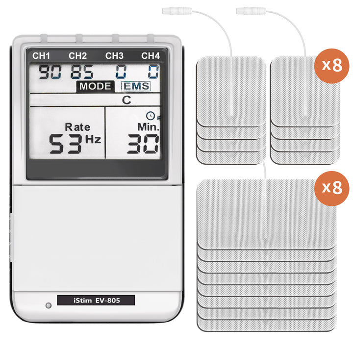 iSTIM EV-805 TENS EMS 4 Channel Combo Machine Unit - Muscle Stimulator + Back Pain Relief and Management. Including 16 Pieces TENS/EMS Electrodes Pads