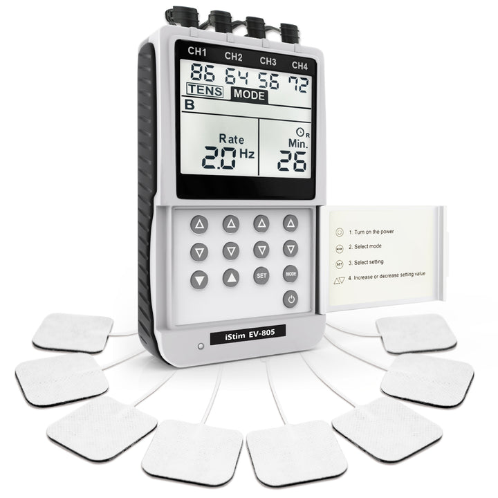 iSTIM EV-805 TENS EMS 4 Channel Combo Machine Unit - Muscle Stimulator + Back Pain Relief and Management. Including 16 Pieces TENS/EMS Electrodes Pads