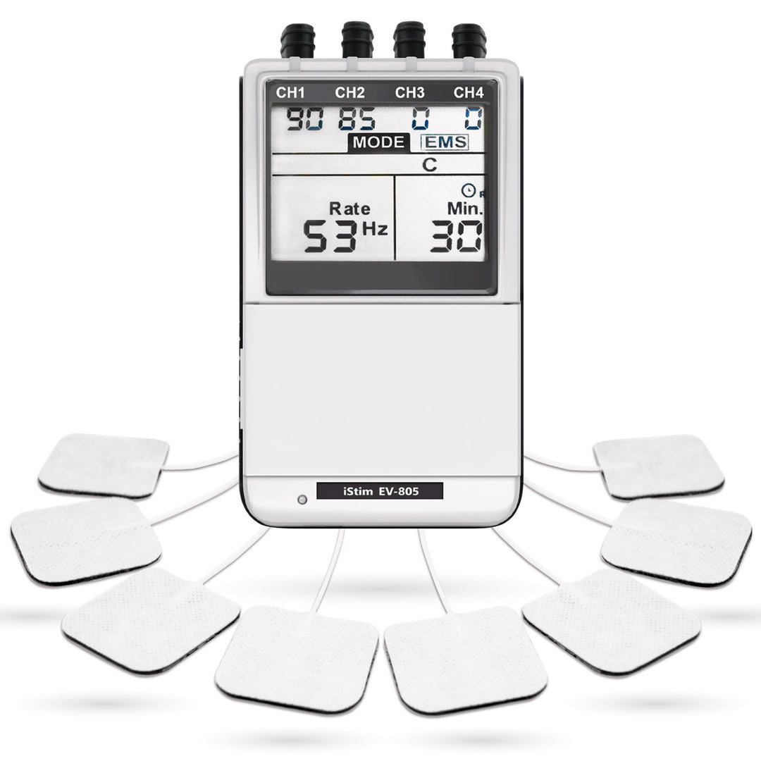 iSTIM EV-805 TENS EMS 4 Channel Combo Machine Unit - Muscle Stimulator + Back Pain Relief and Management. Including 16 Pieces TENS/EMS Electrodes Pads
