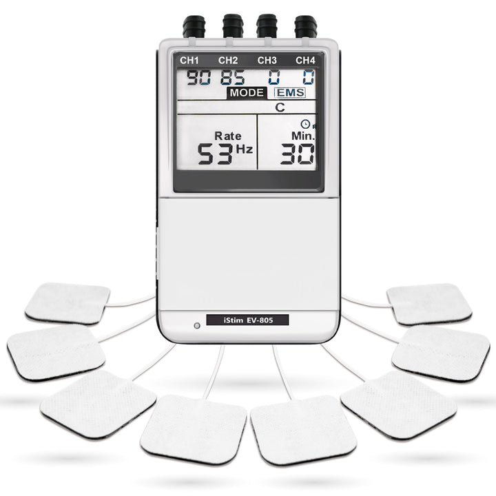 iSTIM EV-805 TENS EMS 4 Channel Combo Machine Unit - Muscle Stimulator + Back Pain Relief and Management. Including 16 Pieces TENS/EMS Electrodes Pads