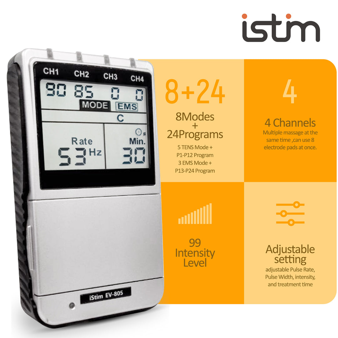 iSTIM EV-805 TENS EMS 4 Channel Combo Machine Unit - Muscle Stimulator + Back Pain Relief and Management. Including 16 Pieces TENS/EMS Electrodes Pads