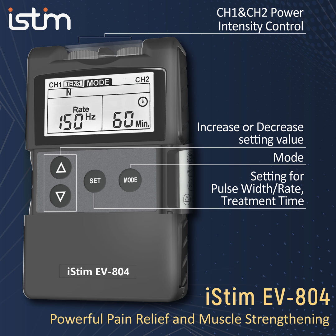 iStim EV-804 TENS/EMS 2 Channel Combo Machine - Muscle Stimulator + Back Pain Relief and Pain Management- 7 modes/24 Programs(Including Electrodes Pads)