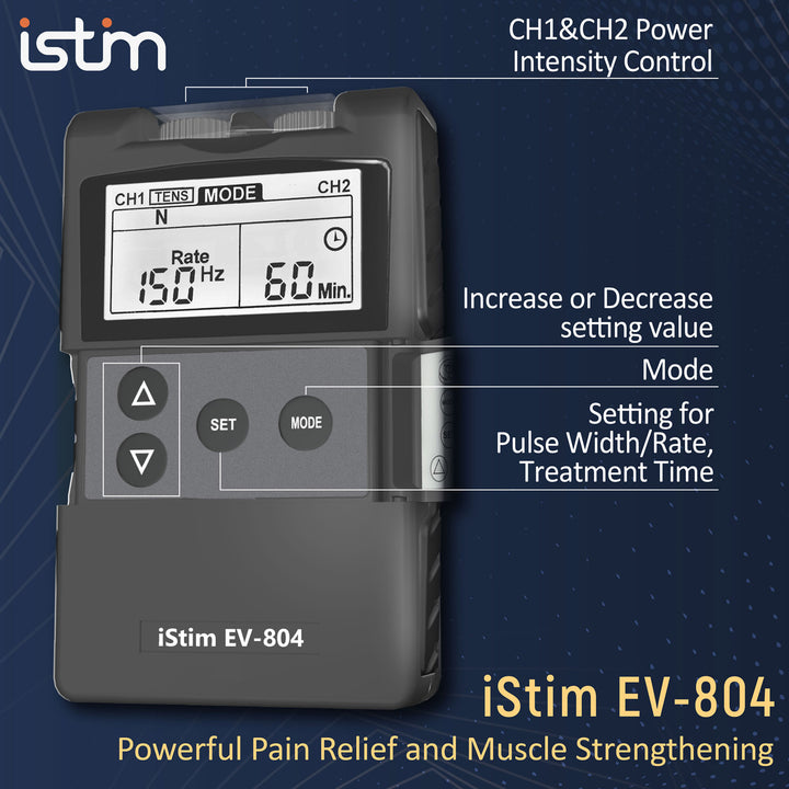 iStim EV-804 TENS/EMS 2 Channel Combo Machine - Muscle Stimulator + Back Pain Relief and Pain Management- 7 modes/24 Programs(Including Electrodes Pads)
