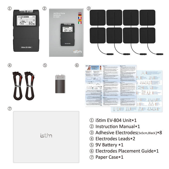 iStim EV-804 TENS/EMS 2 Channel Combo Machine - Muscle Stimulator + Back Pain Relief and Pain Management- 7 modes/24 Programs(Including Electrodes Pads)