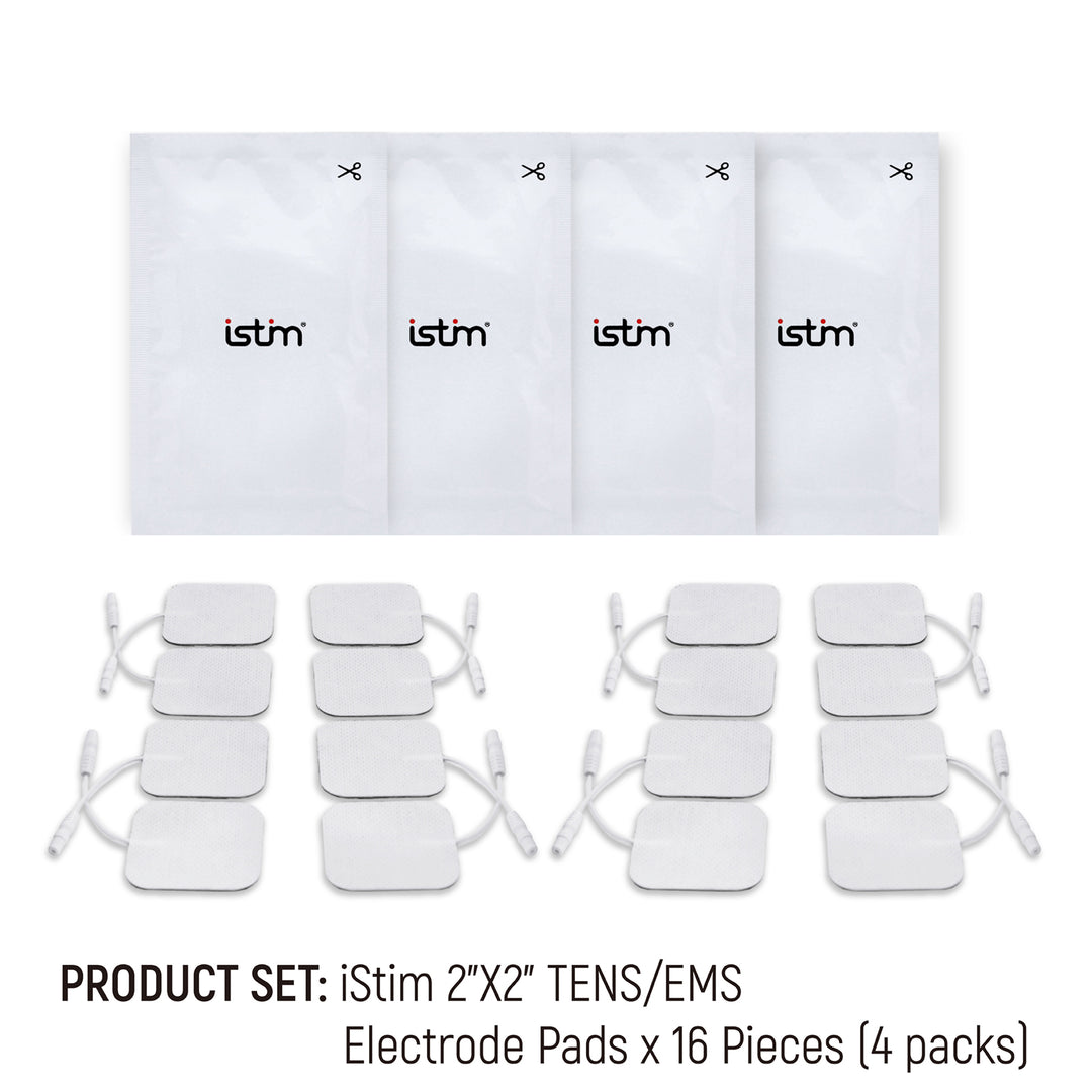 iStim Super Soft 5x5cm TENS Unit Self-Adhesive Electrodes for TENS EMS Units with 2mm Connector -Electrode Pads for Pain Treatment, Muscle Growth, Toning and Massage (5x5cm-16 Pieces-White)
