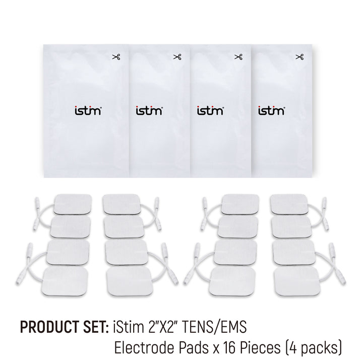 iStim Super Soft 5x5cm TENS Unit Self-Adhesive Electrodes for TENS EMS Units with 2mm Connector -Electrode Pads for Pain Treatment, Muscle Growth, Toning and Massage (5x5cm-16 Pieces-White)